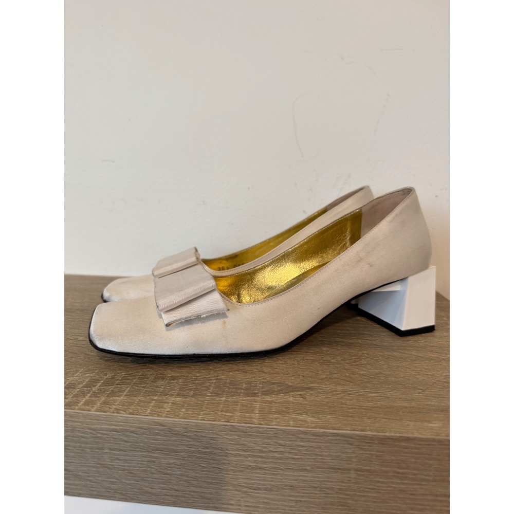 Vintage Giuseppe Zanotti Ivory Satin‎ Square Toe Bow Block Heel Pumps Size 36.5
